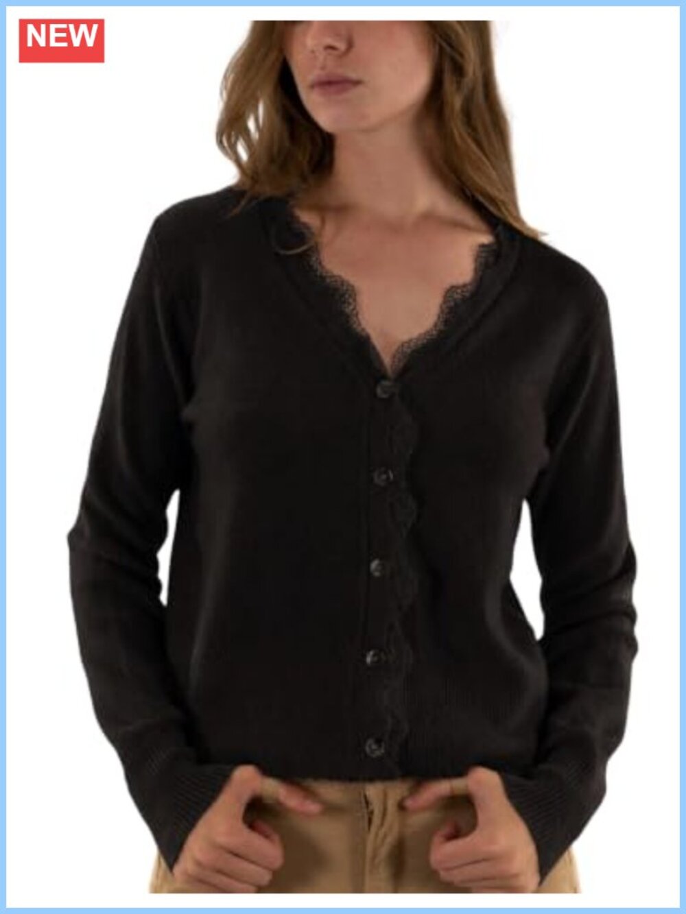 Lace Trim Cardigan V Neck Button Down Knit Sweater